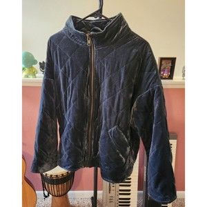 Avec Les Filles Womens Quilted Jacket Blue Gray Full Zip Mock Neck Velour Large